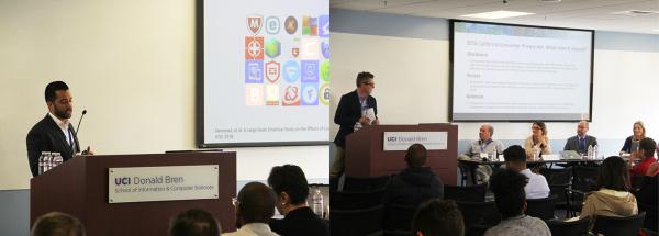 ISR Director Sam Malek gives a presentation on mobile application security. (left) CPRI Executive Director Bryan Cunningham moderates a panel on IoT privacy regulation. (right)