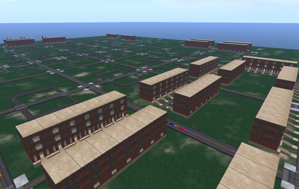 View of the urban simulation platform prototype. The colored rectangles are vehicles, with each color  indicating a different type of vehicle.