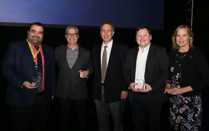 ICS Hall of Fame Inductees (left to right) Justin Erenkrantz, Jim Berney, Gerald Bortis, and Erin Bradner, with ICS Dean Marios Papaefthymiou (center).