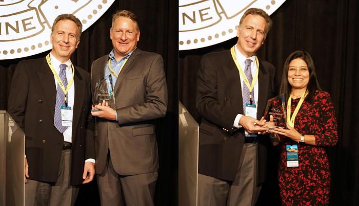 Alumni Gregory Alan Bolcer (left) and Rosalva Gallardo Valencia (right) with ICS Dean Marios Papaefthymiou upon induction into the ICS Alumni Hall of Fame.