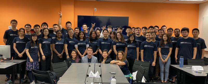 First incoming class of professional Master of Software Engineering students with, in front row, Jaclyn Kung, Career Development Manager; David Lennox, Career Counselor; Connie Cheng, Program Director; and Prof. Cristina Lopes, Faculty Director.
