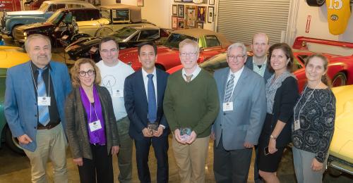Prof. Alfred Kobsa, Prof. Gloria Mark, Alumnus Dr. Mark Bergman, Dr. Arthur Hitomi, Dr. Jason Robbins, Prof. David Redmiles, Prof. André van der Hoek, Programmer Analyst Kari Nies, and Assistant Director Debra Brodbeck at ICS Alumni Hall of Fame Induction ceremony. Photo by Paul Kennedy.