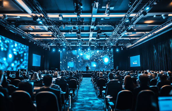 Conference meeting with a large crowd looking towards the stage.