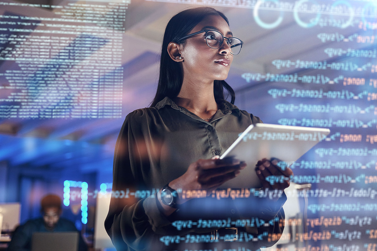 Women looking up at holographic code